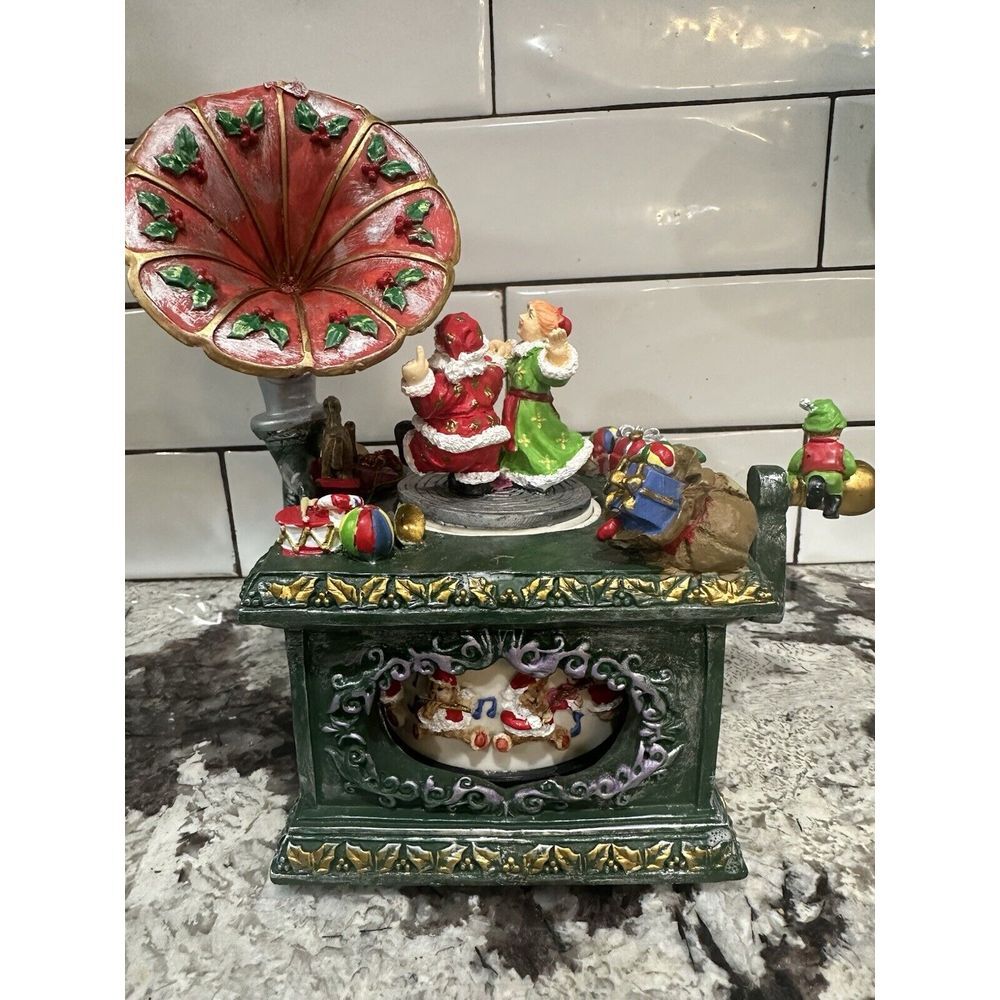 Christmas Gramophone Rotating Dancing Santa Mrs Claus & Bears Elf's Music Box